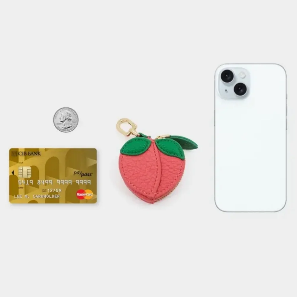 Peach Mini Coin Purse Keychain 🍑 Cute Fruit Faux Leather Keyfob Airtag Pouch